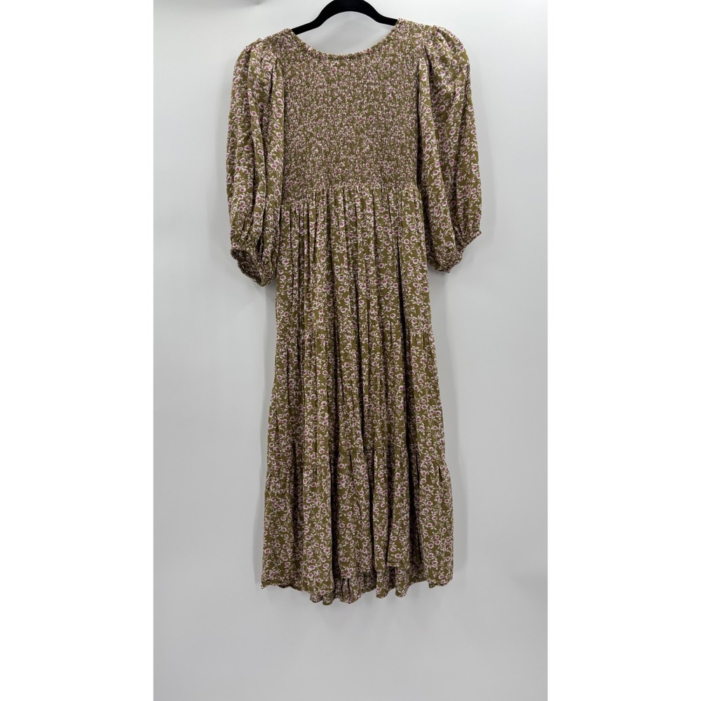 Prairie Dress Womens Small Olive Pink Floral Tiered Midi Cottagecore Puff Sleeve - Picture 2 of 14